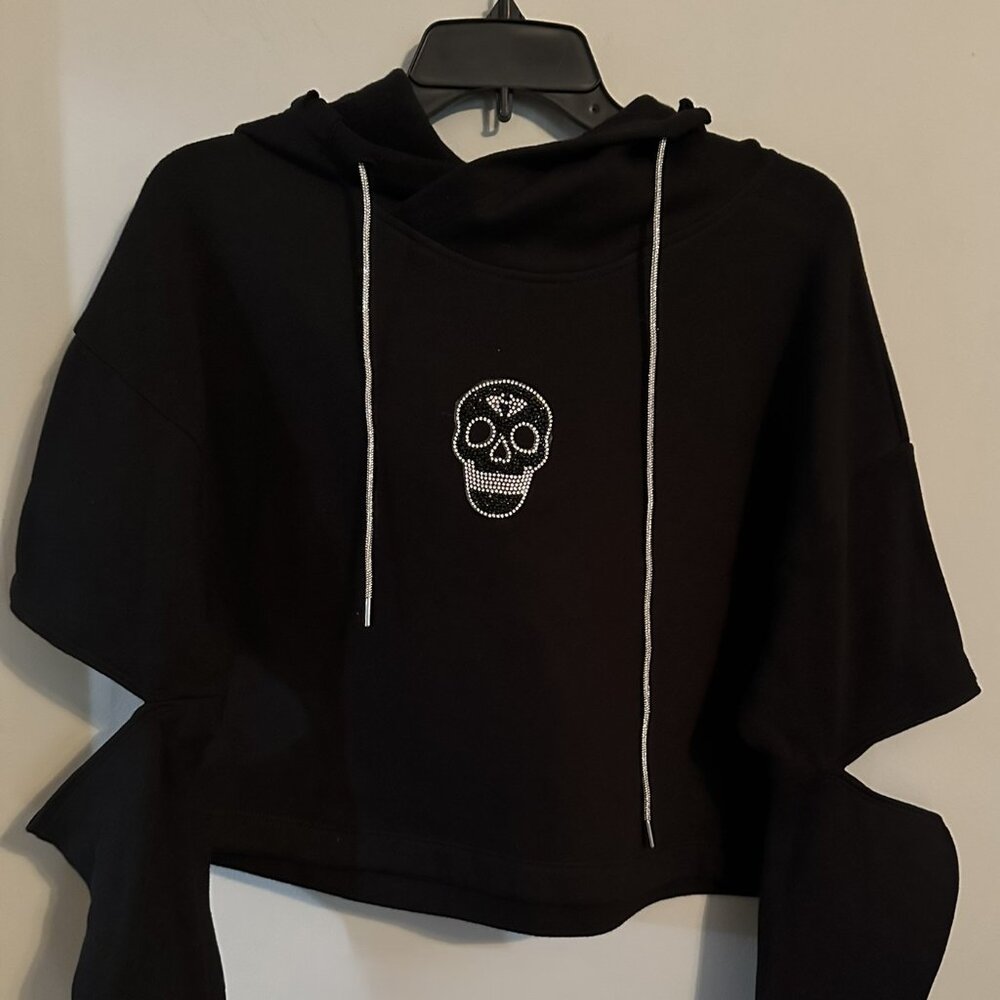 Custom Shiny Skull‎ Crop Peak Elbow Cut Out Hoodie Sweatshirt - Size S